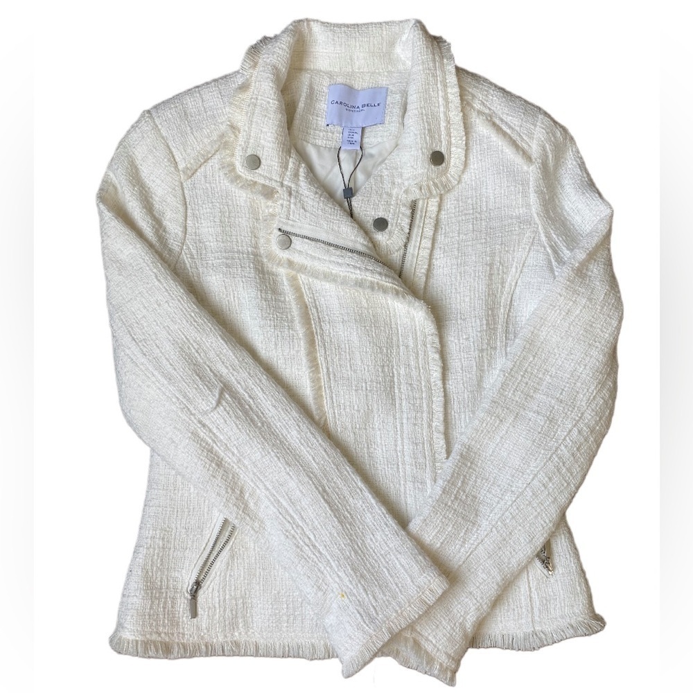 NWT Carolina Belle Womens Jacket Size M Off White Fringe Zip Up